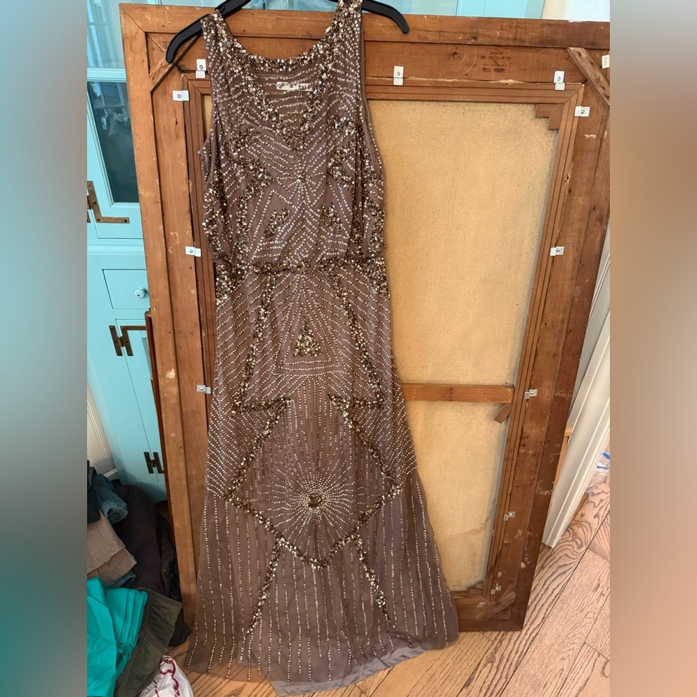 Aiden Mattox Taupe Beaded Gown